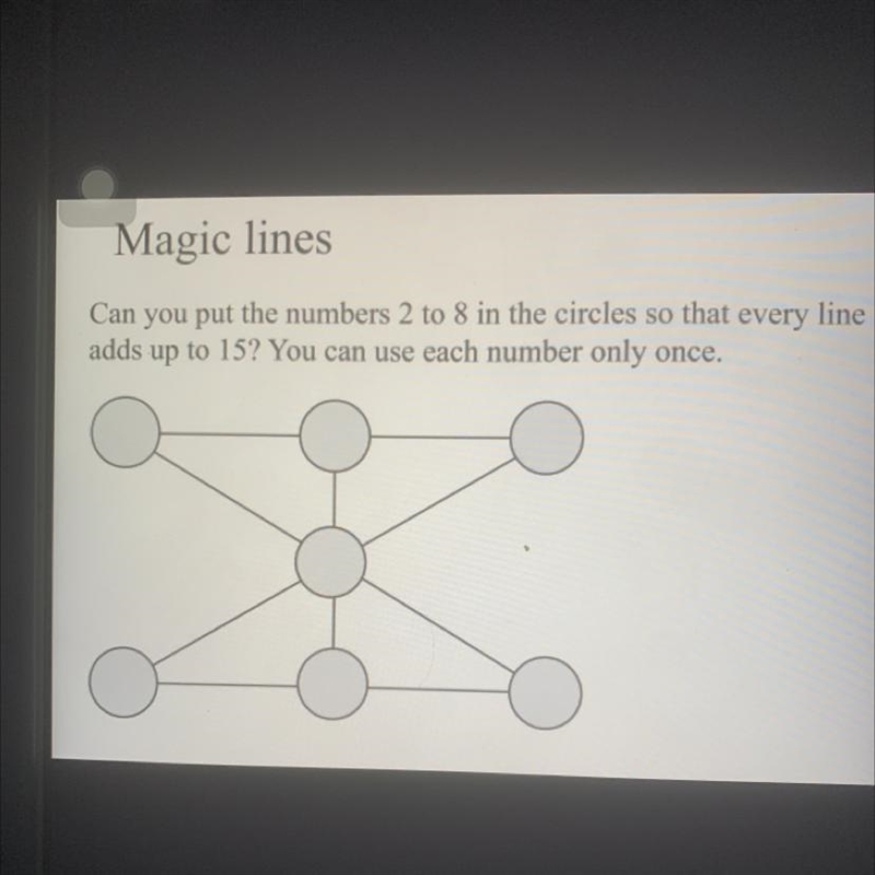 Magic lines Can you put the numbers 2 to 8 in the circles so that every line adds-example-1