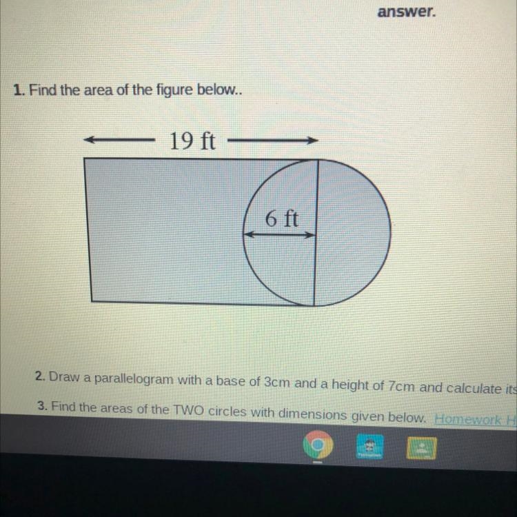 1. Find the area of the figure below.. 19 ft 6 ft-example-1