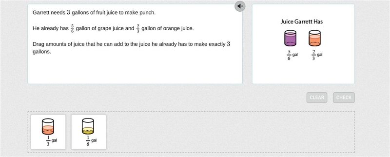 Garrett needs 3 gallons of fruit juice to make punch. He already has 5/6 gallon of-example-1