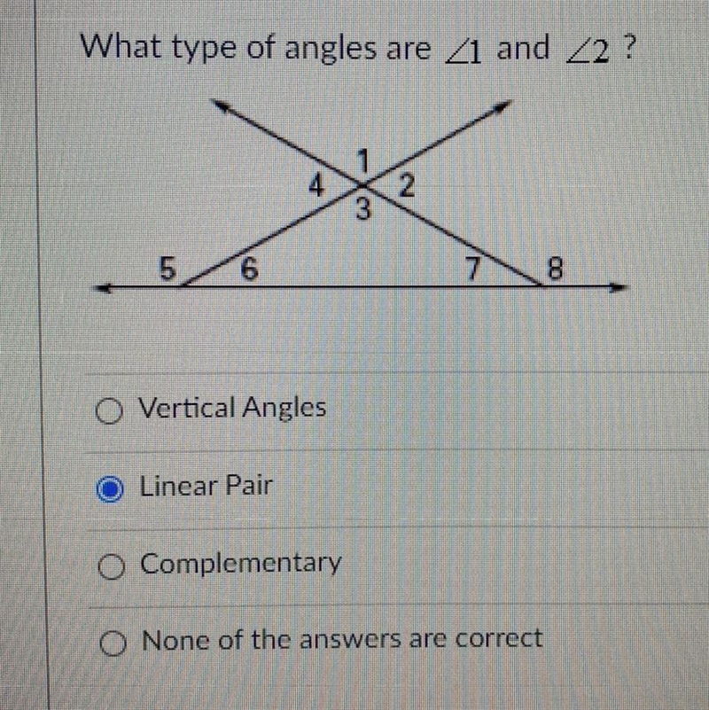 What type of angles are <1 and <2 ? I’m not sure if linear or complementary-example-1