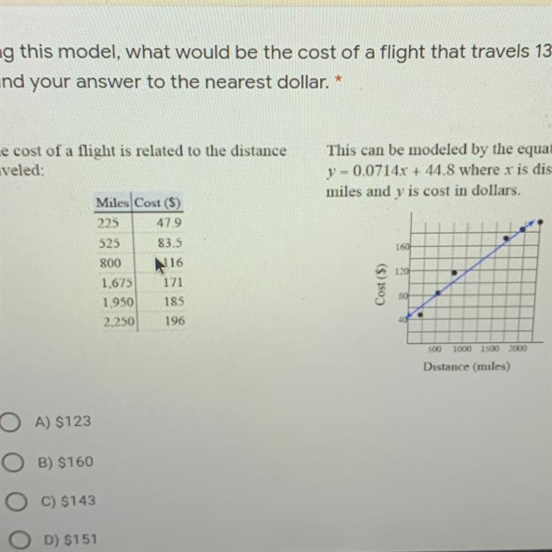 Using this model, what would be the cost of a flight that travels 1375 miles? Round-example-1