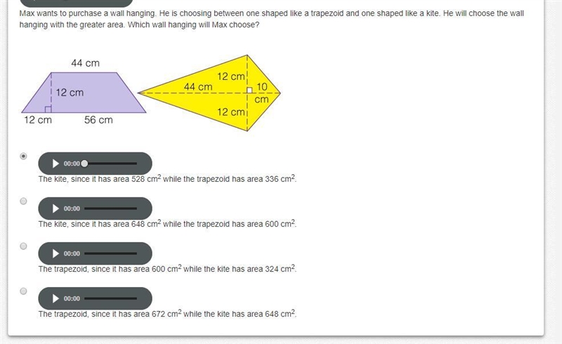 Max wants to purchase a wall hanging. He is choosing between one shaped like a trapezoid-example-1