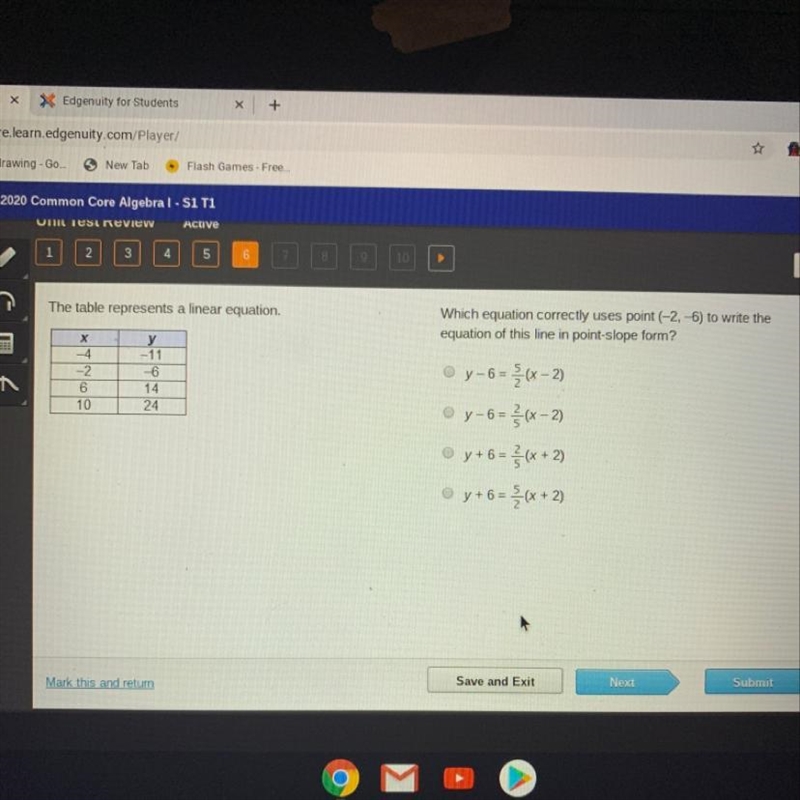 The table represents a linear equation. Which equation correctly uses point (-2, -6) to-example-1