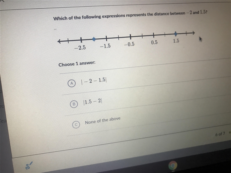 Select the number line model that matches the expression -2 and 1.5 (khan academy-example-1