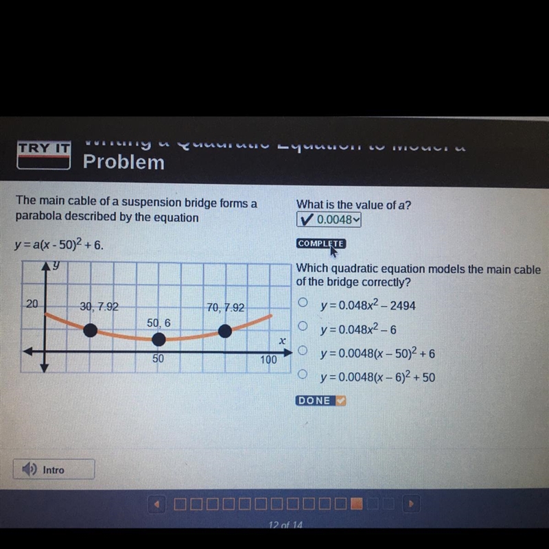 Which quadratic equation models the main cable of the bridge correctly? O y=0.048x-example-1