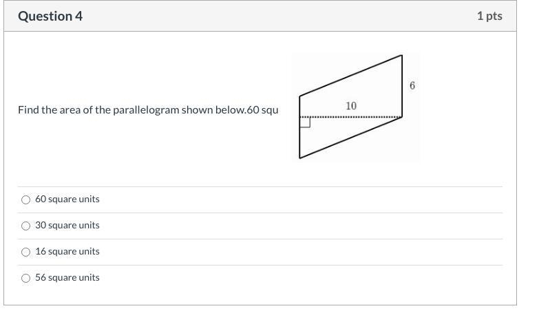 Find the area of the parallelogram shown below.60 squ-example-1