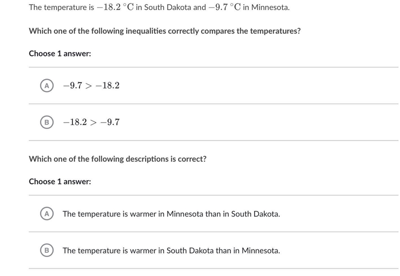 The temperature is −18.2 Celsius in South Dakota and -9.7 Celsius Minnesota. Which-example-1