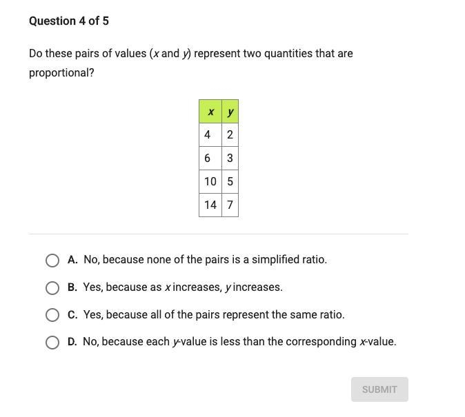 Do these pairs of values (x and y) represent two quantities that are proportional-example-1