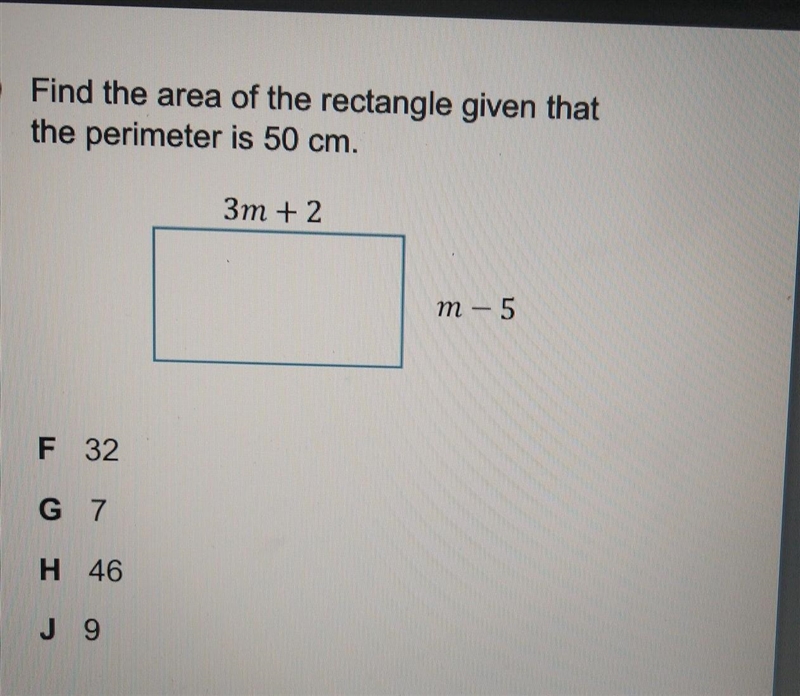 20 Find the area of the rectangle given that the perimeter is 50 cm. 3m + 2 m - 5 F-example-1