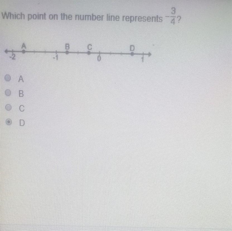 Which point on the number line represents -3/4​-example-1