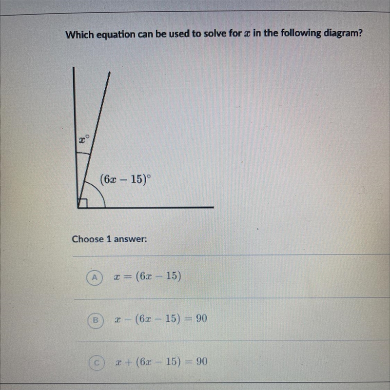 Which equation can be used to solve forz in the following diagram? (6z- 15)° Choose-example-1