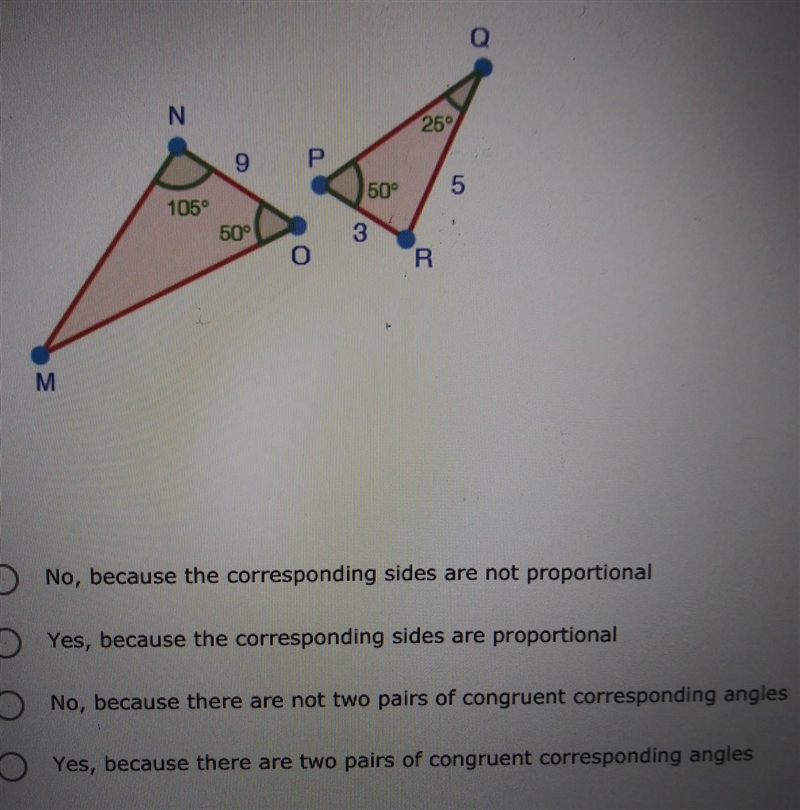 Are the two triangles below similar​-example-1