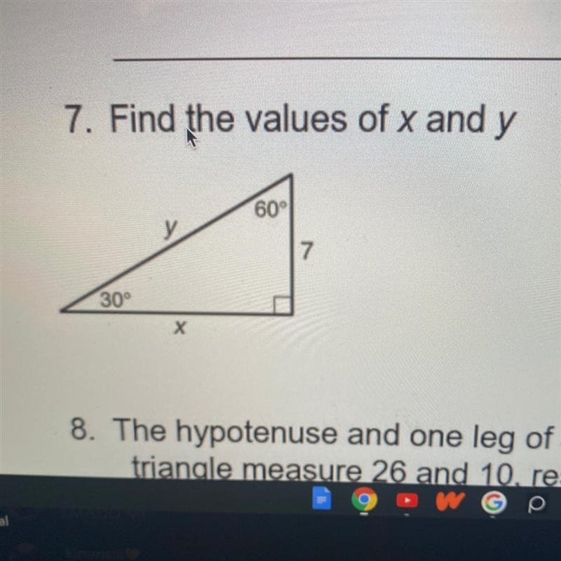 7. Find the values of x and y 60° y у 7 30° Х-example-1