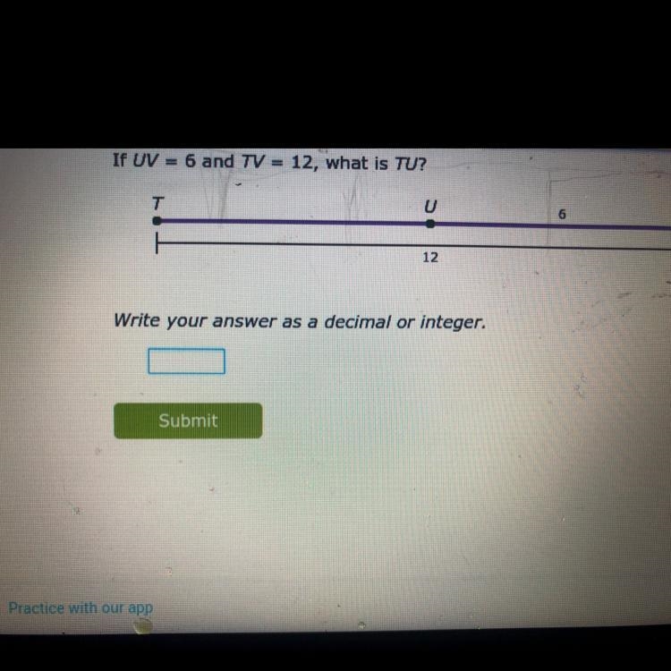 If UV = 6 and TV = 12, what is TU?-example-1