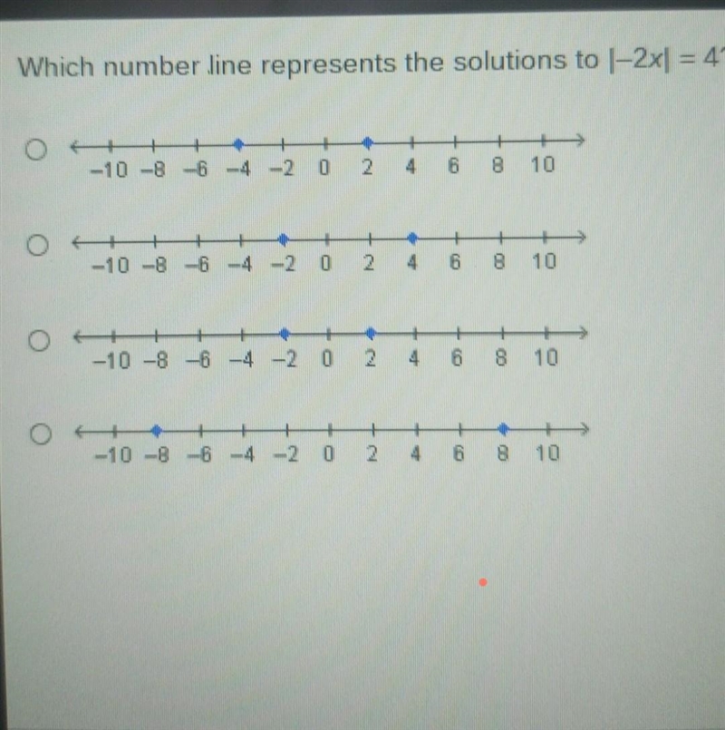 Which number line represents the solution to -2X equals 4​-example-1