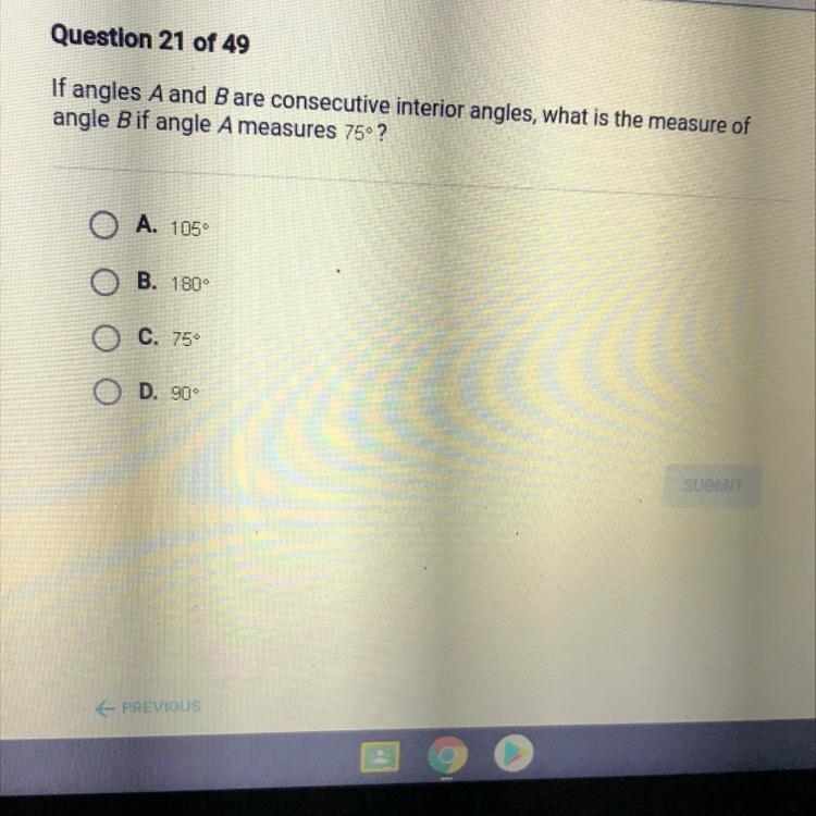 helpppp asap!! if angels A and B are consecutive interior angles, what is the measure-example-1