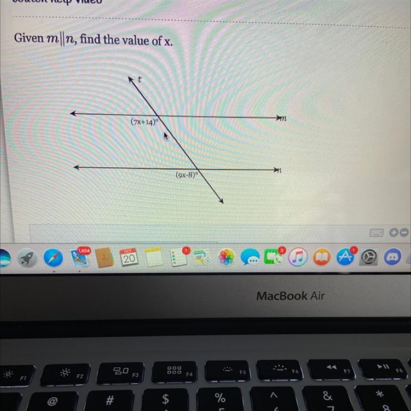 Given m||n, find the value of x. t >m (x+14) (9x-8)"-example-1