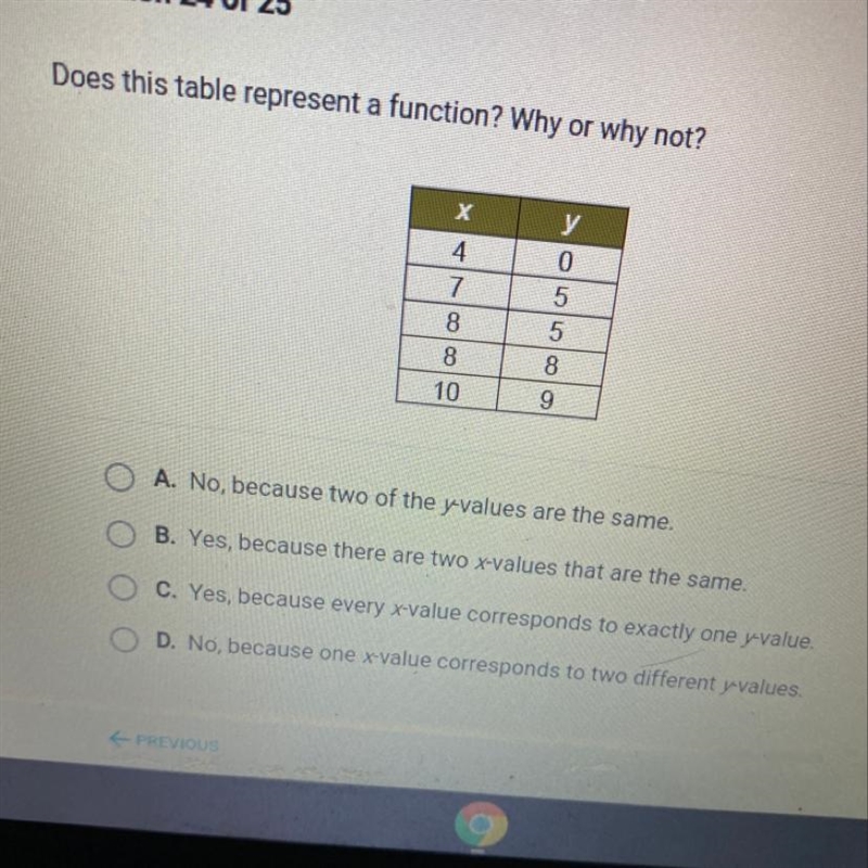 Does this table represent a function? Why or why not? х y 0 4 7 8 5 5 8 8 10 9 A. No-example-1