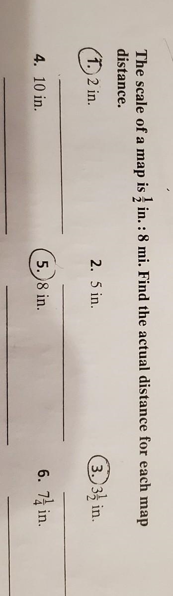 The scale of a map is one and a 1/2 inch. :8 mi. Find the actual distance for each-example-1