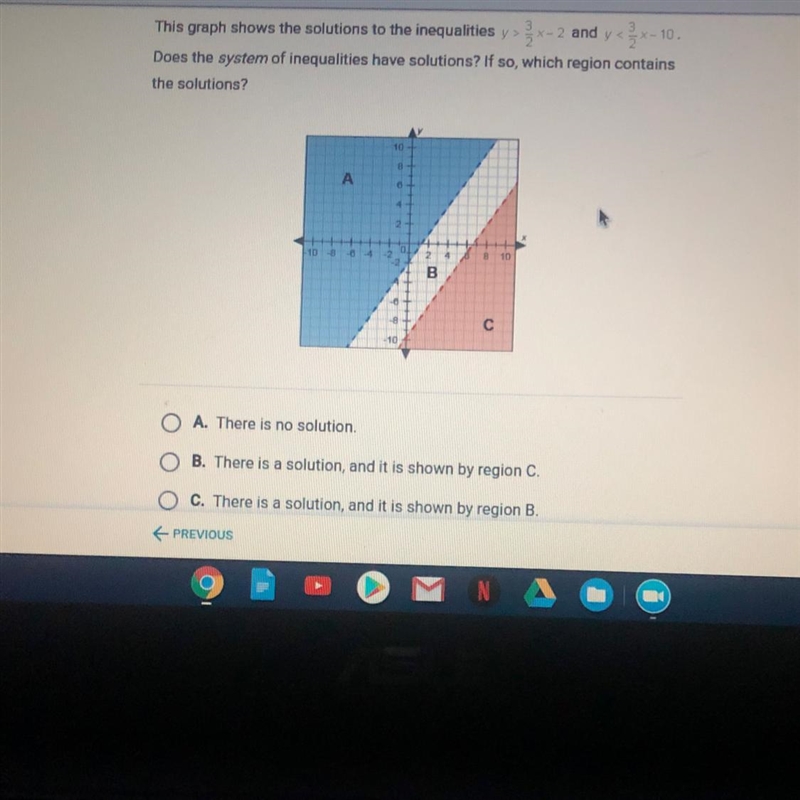 HELP! The graph shows the solutions to inequalities y > 3/2x - 2 and y < 3/2x-example-1