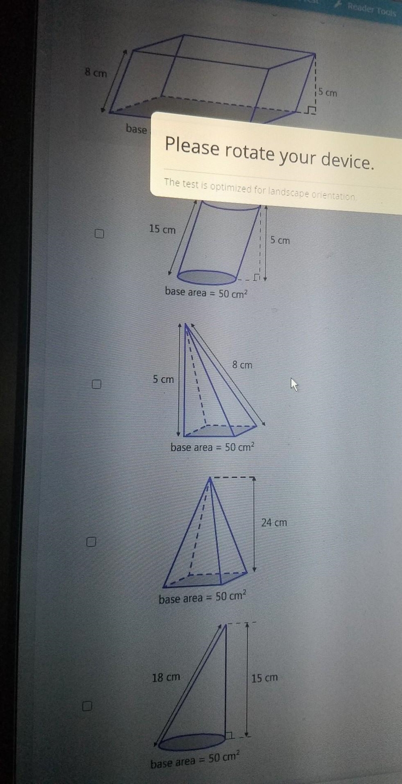 Which shapes have the same volume as the given rectangular prism? base area = 50 cm-example-1