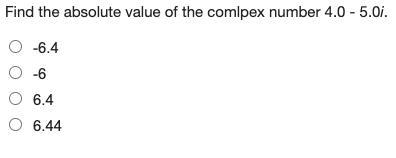 Find the absolute value of the comlpex number 4.0 - 5.0i.-example-1