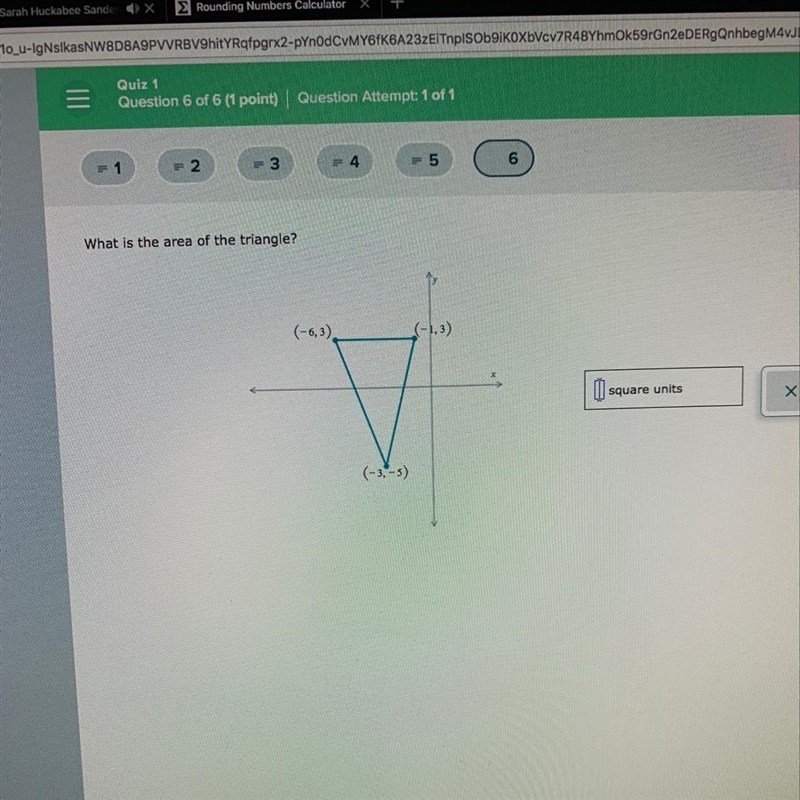 What is the area of the triangle? (-6,3) (-3,-5) (-1,3)-example-1