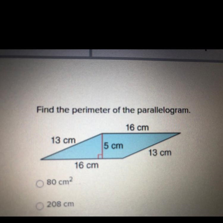 Find the perimeter of the parallelogram. 80 cm2 208 cm 63 cm 58 cm-example-1