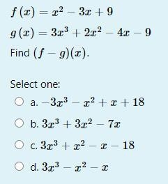 F(x) =x^6-3x+9 g(x)=3x^3+2x^2-4x-9 Find (f-g)(x)-example-1