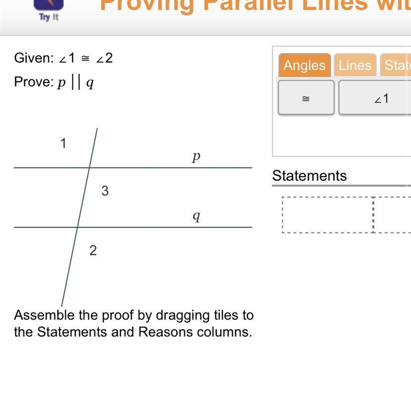 Given: angle 1 congruent angle2 prove: p||q Please hurry-example-1