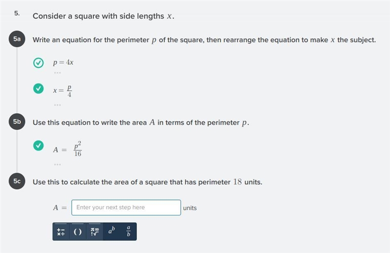 5c.) Use this to calculate the area of a square that has perimeter 18 units.-example-1