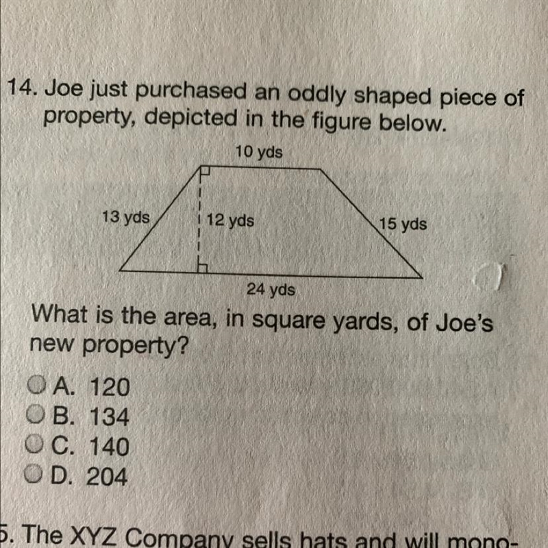 What is the area, in square yards of joe’s new property A - 120 B - 134 C - 140 D-example-1