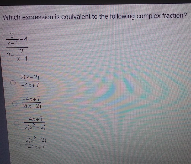 Which expression is equivalent to the following complex fraction? (pls help me out-example-1