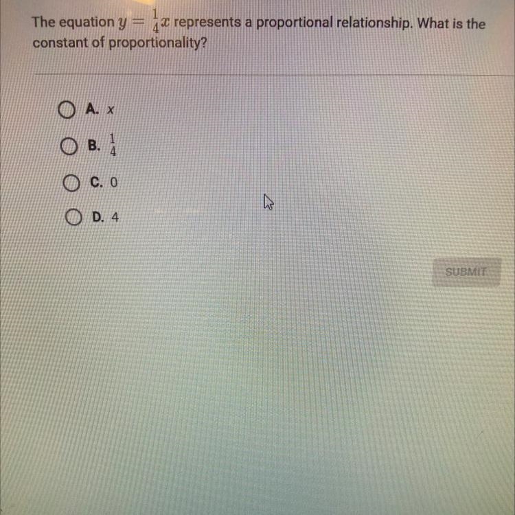 The equation y = 1/4x represents a proportional relationship. What is the constant-example-1