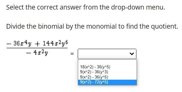 Divide the binomial by the monomial to find the quotient.-example-1