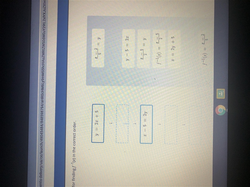 Consider the following function. f(x) = 2x + 5. Place the steps for finding f-1 (x-example-1