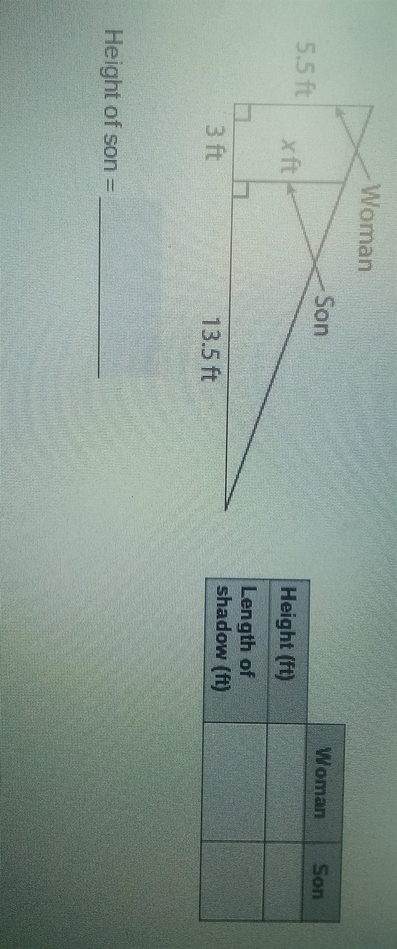 A 5.5-foot woman casts a shadow that is 3 feet longer than her son's shadow. The son-example-1