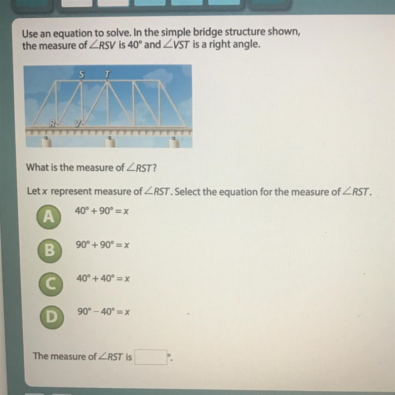 It’s about angles use an equation to solve and ABCD? And what is the measure of RST-example-1