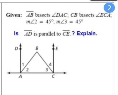 Is line AD parallel to line CE? Explain.-example-1