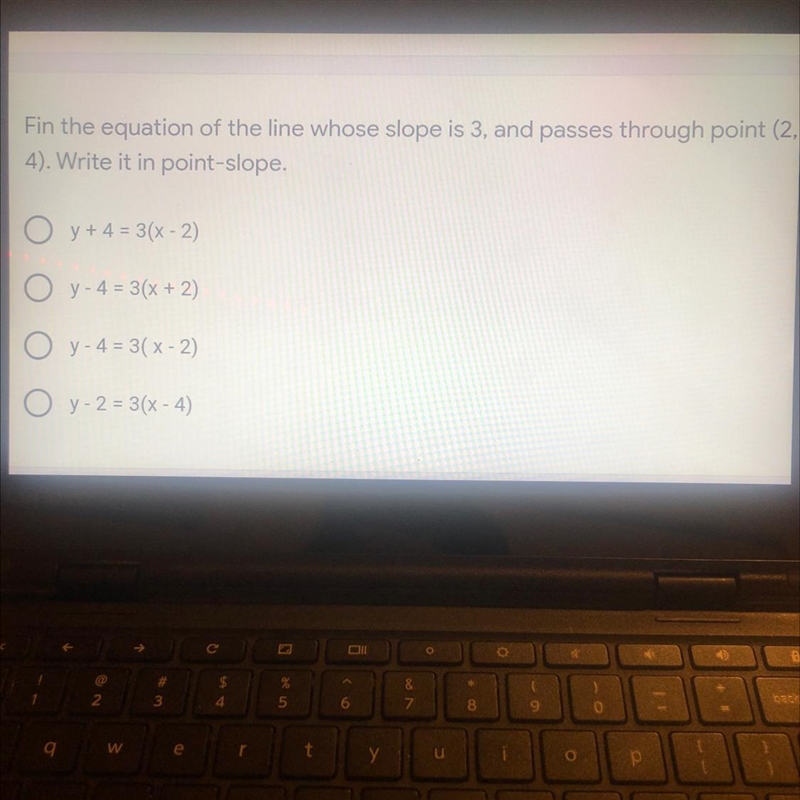 Fin the equation of the line whose slope is 3, and passes through point (2, 4). Write-example-1