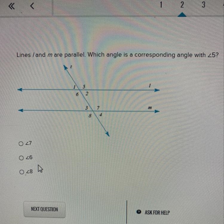 Lines L and M are parallel. Which angle is a corresponding angle with ∠5-example-1