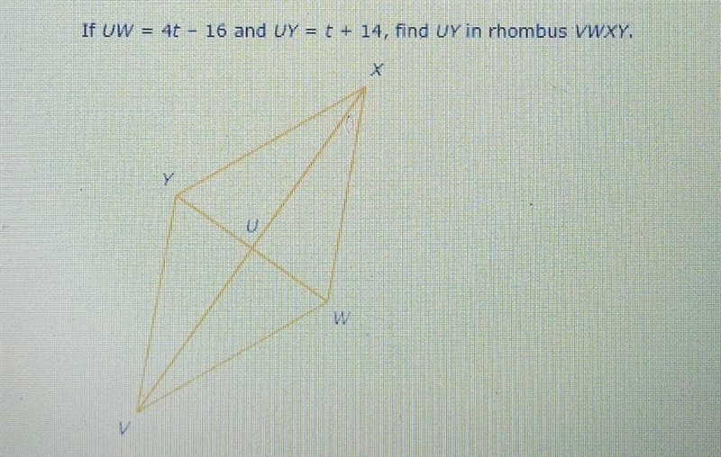 If UW = 40 - 16 and UY = t + 14, find UY in rhombus VWXY.​-example-1