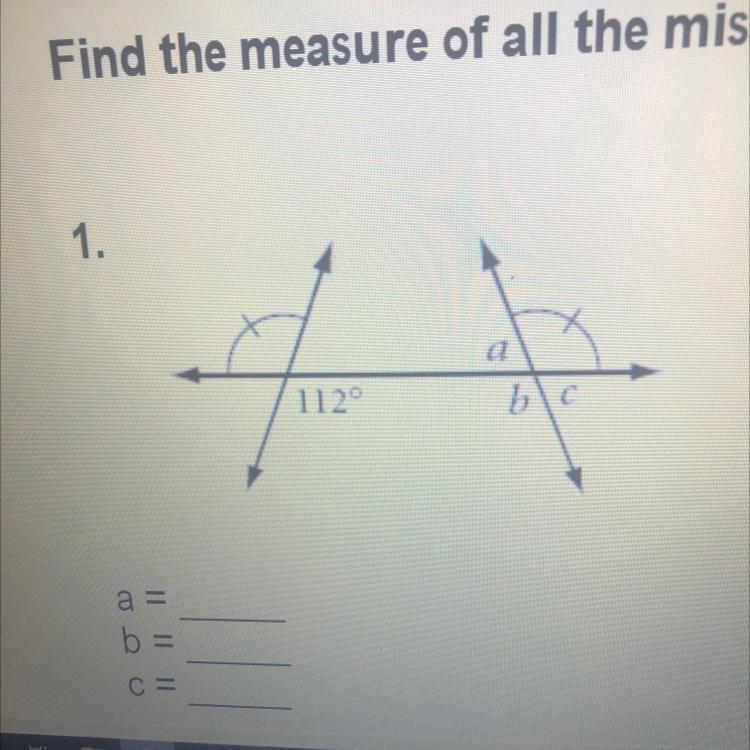 Find the measure of all the missing angles.-example-1