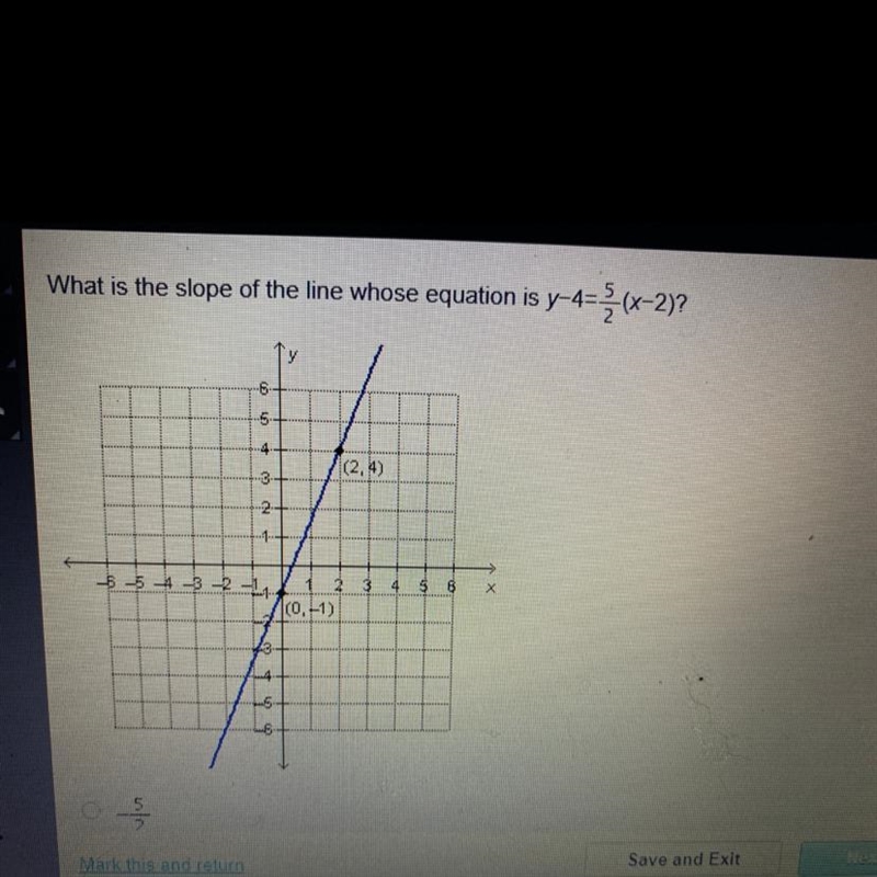 Nhat is the slope of the line whose equation is y-4=(x-2)? A. - 5/2 B. - 2/5 C. 2/5 D-example-1