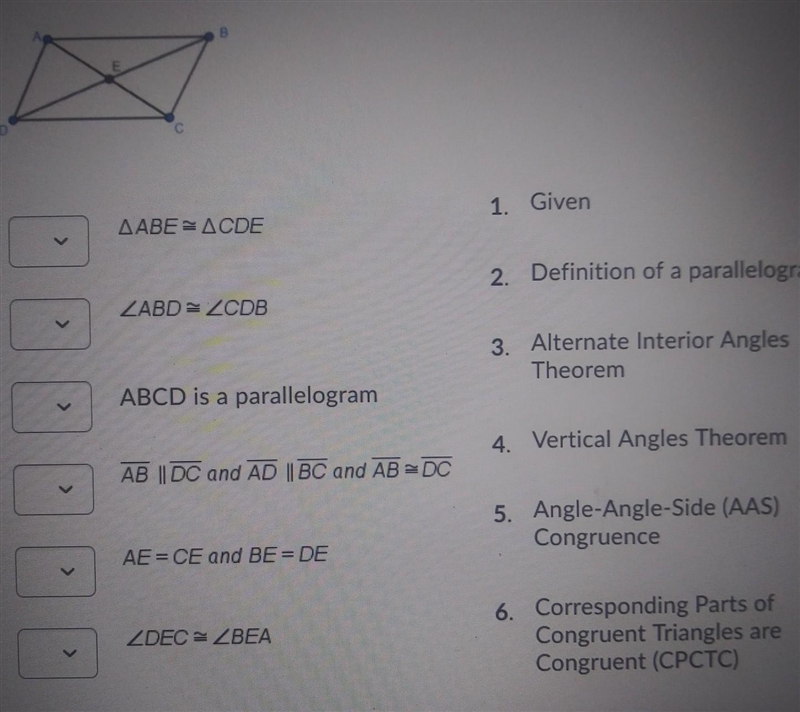 Match each statement to the reasons given for the geometric proof. Given: ABCD is-example-1