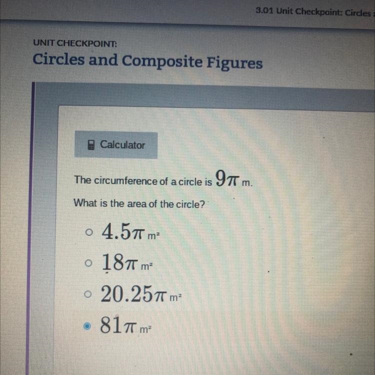 The circumference of a circle is 9m What is the area of the circle?-example-1