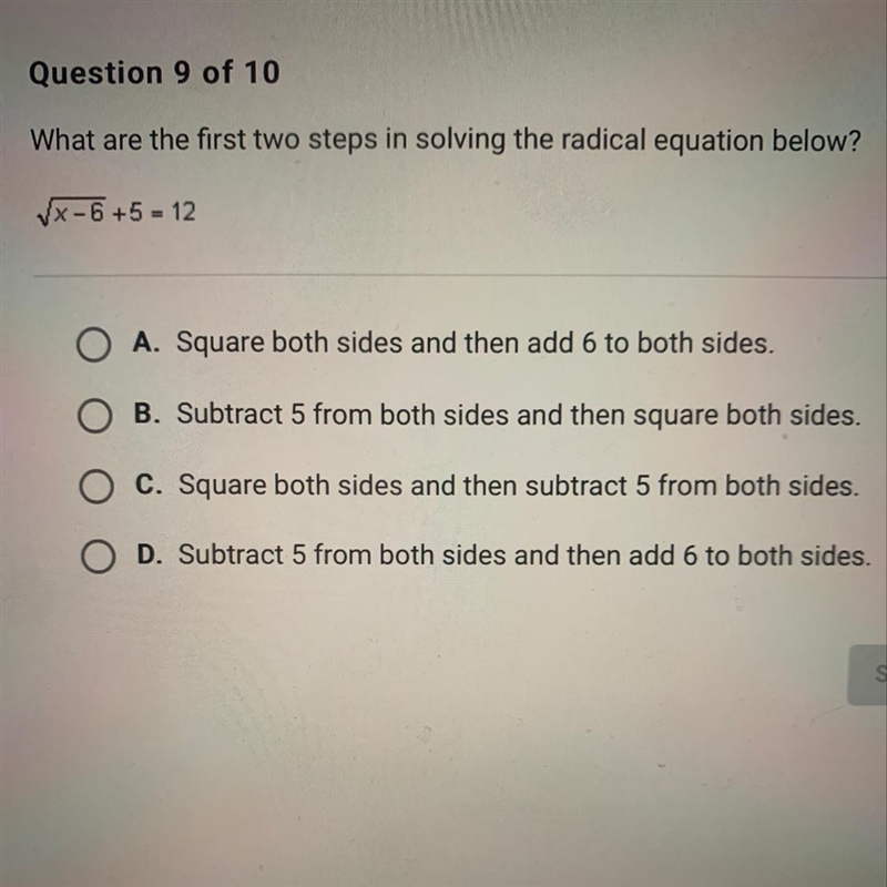 What are the first two steps in solving the radical equation below? √x - 6 +5 = 12 Look-example-1