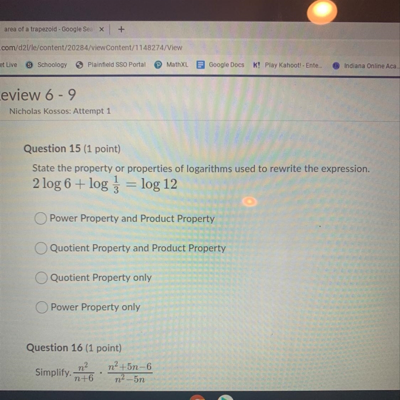 State the property or properties of logarithms used to rewrite the expression. 2 log-example-1