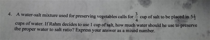 A water-salt mixture calls for 3/4 cup if salt to be placed in 5 1/2 cups of water-example-1