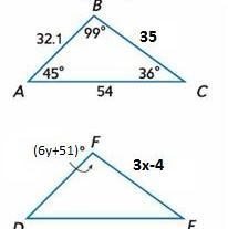 In the diagram, LaTeX: \Delta ABC\cong\Delta DFE Δ A B C ≅ Δ D F E . Find the values-example-1